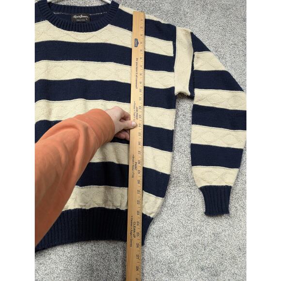Vintage 80s 90s Reed St James Sweater L Blue Cream Stripe Preppy Heritage Knit - Picture 2 of 10
